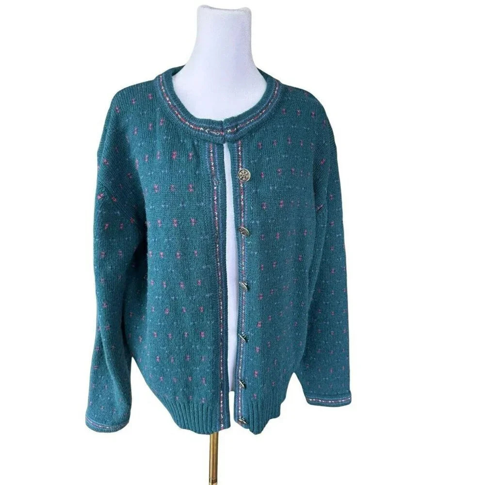 Vtg 90s Eddie Bauer Womens Medium Country Primitive Wool Knit Cardigan Sweater